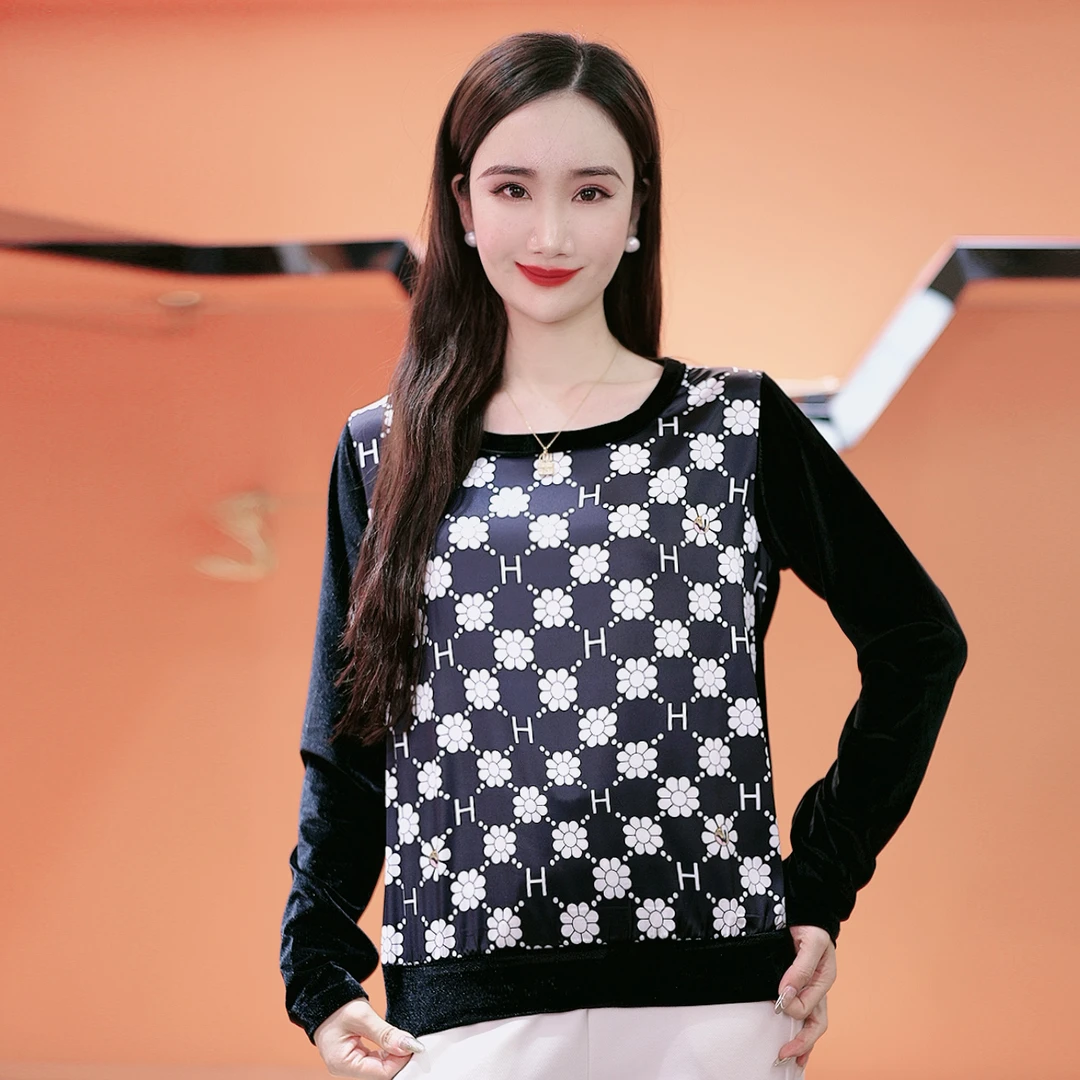 ‘H太阳花‘’桑蚕丝印花上衣拼真丝绒长袖打底衫卫衣女外套2024秋冬