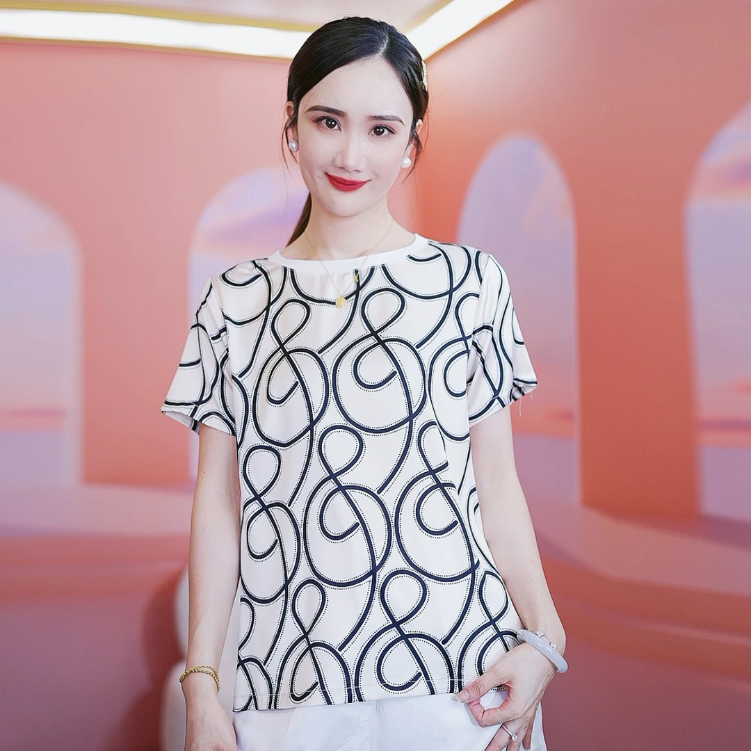 ‘’大音符‘’夏季白色桑蚕丝上衣海岛风百搭显瘦短袖休闲T恤女新款