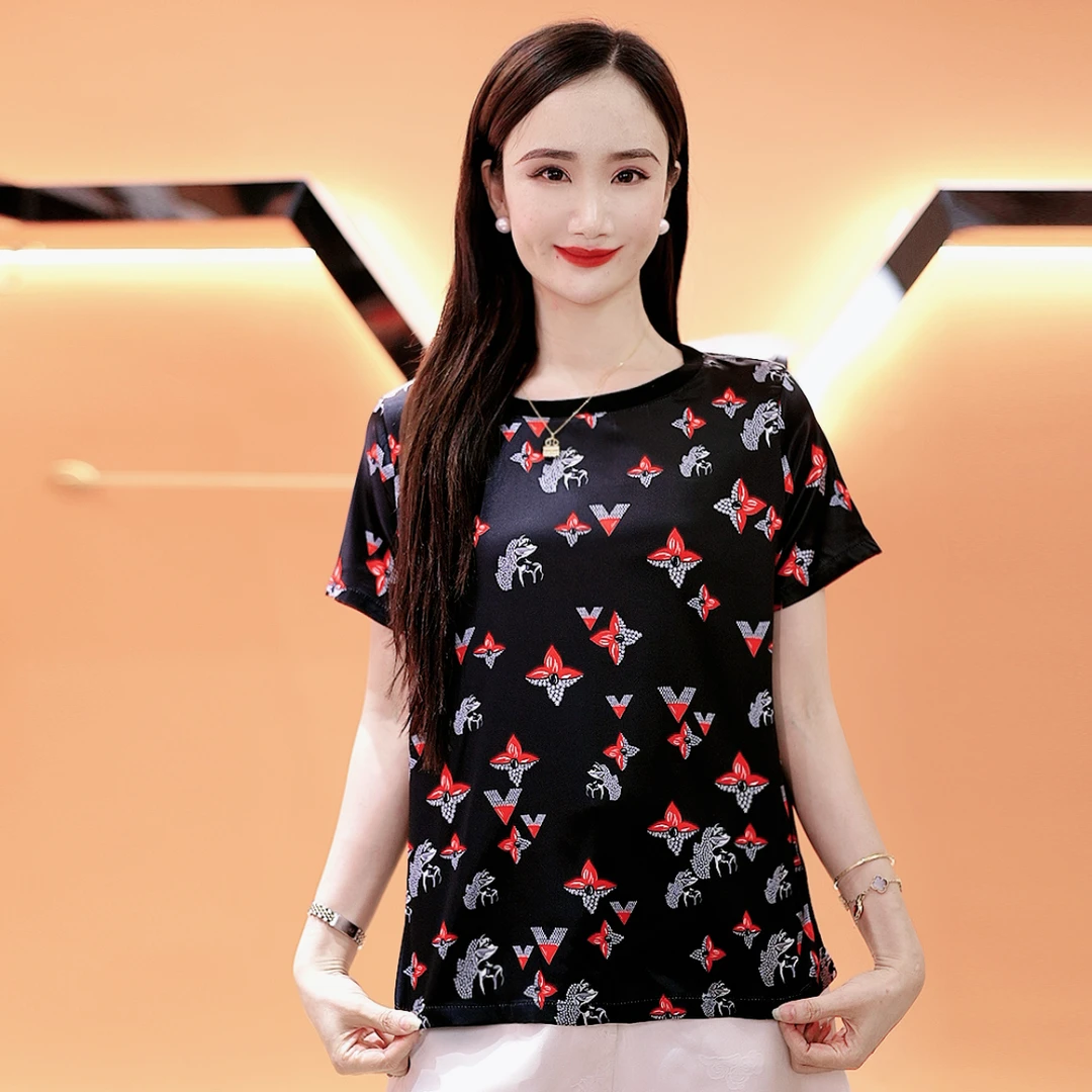 ‘’耳钉花‘’桑蚕丝上衣 时尚款轻奢风显瘦百搭印花短袖休闲T恤女