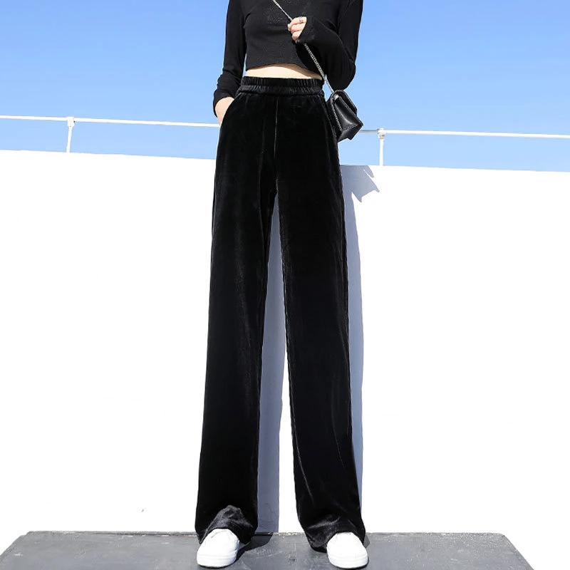 黑色金丝绒垂感窄版裤女春秋高腰2024新款小个子阔腿直筒休闲裤子