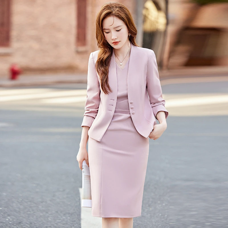 粉色无领西装外套女短款小个子春秋2024新款气质职业套装裙小西服