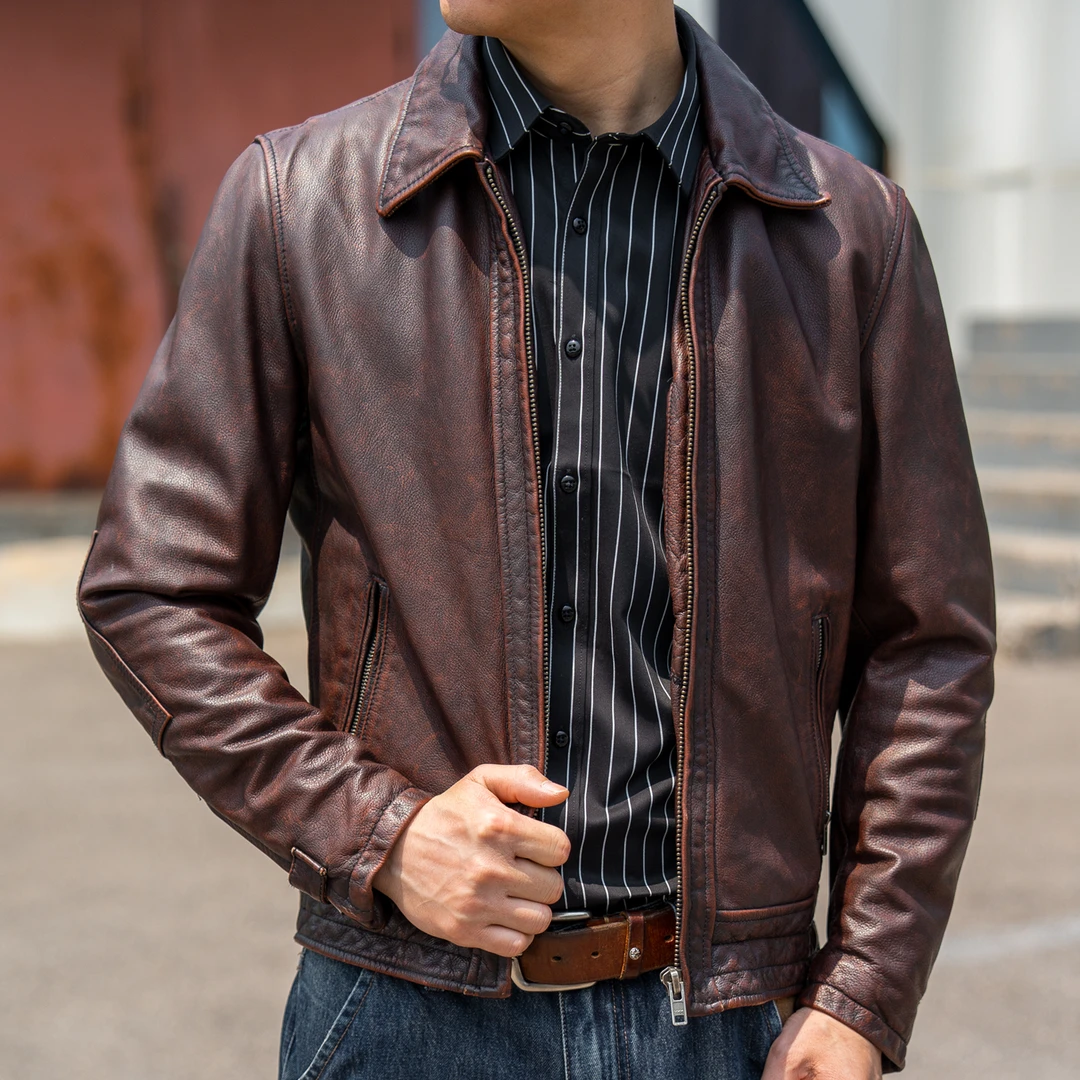 王炸款重度做旧复古修身头层牛皮皮衣男士短款翻领机车皮夹克外套