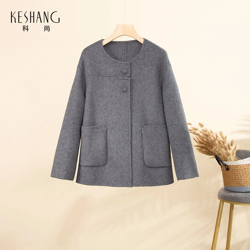 3DS11003素色系双面顺无领宽松毛呢外套大衣