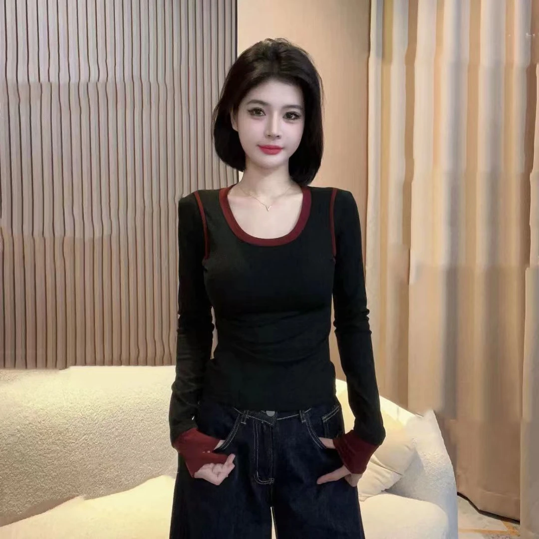撞色拼接设计感遮肉修身显瘦ins长袖T恤女2024春秋圆领打底衫818