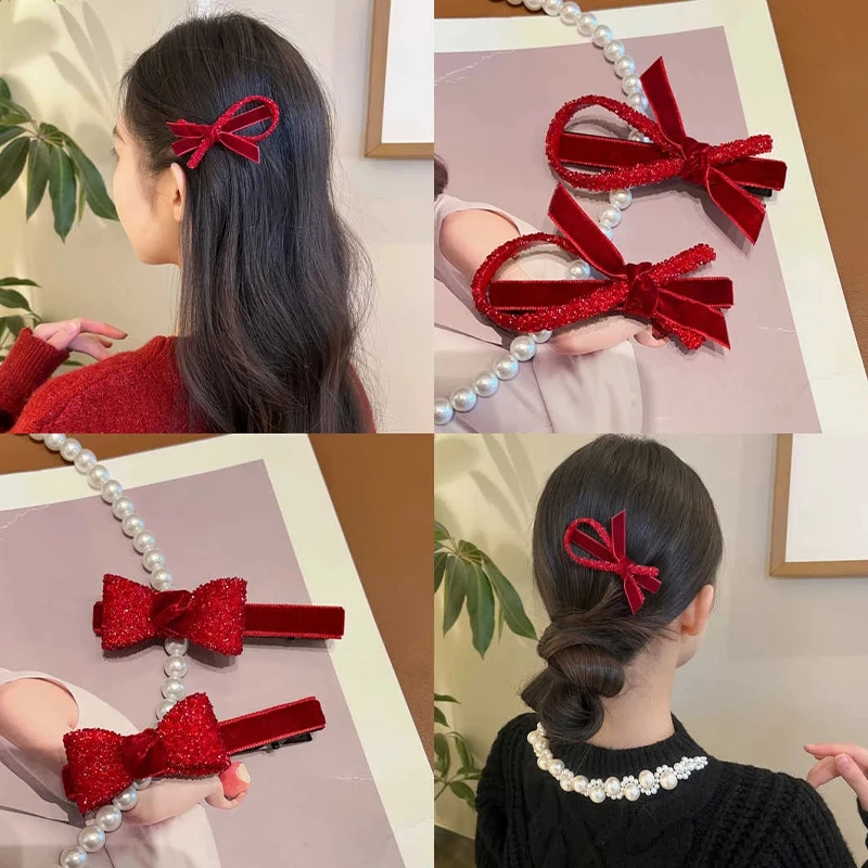 百搭新年水钻丝绒蝴蝶结夹韩版头饰女碎发夹刘海侧边夹一字夹发卡
