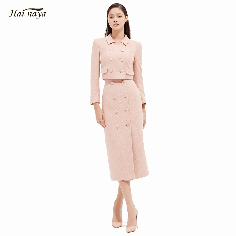 韩星同款套装女气质优雅纯色POLO领双排扣上衣外套时尚开叉一步裙