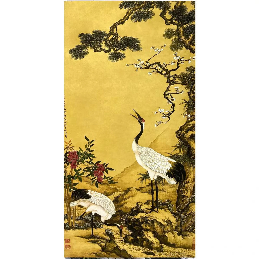 《松梅双鹤》新中式竖幅卷轴国画花鸟画