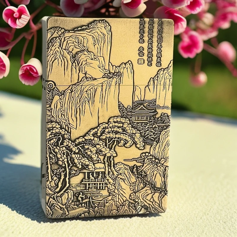 黄铜小重甲浮雕山水画煤油打火机防风款男女礼品