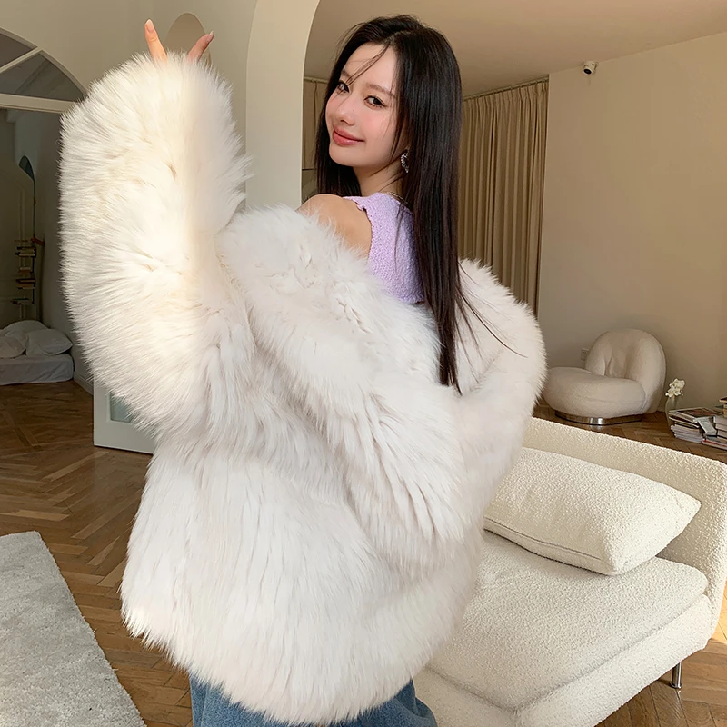双面加厚狐狸毛编织外套女帽款 网红年轻款毛毛大衣女2025冬  460