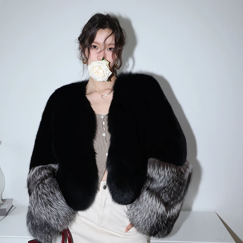 北麋整皮狐狸毛外套欧美风走秀野性V领气质大牌休闲年轻短款网红