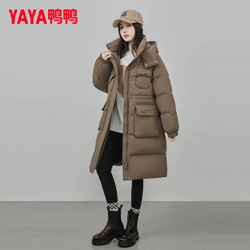 YAYA/鸭鸭时尚休闲收腰连帽面包服中长款过膝防风加厚保暖羽绒服