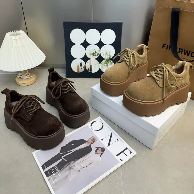 2024冬季新款英伦风松糕厚底休闲鞋女磨砂皮小个子增高休闲小皮鞋