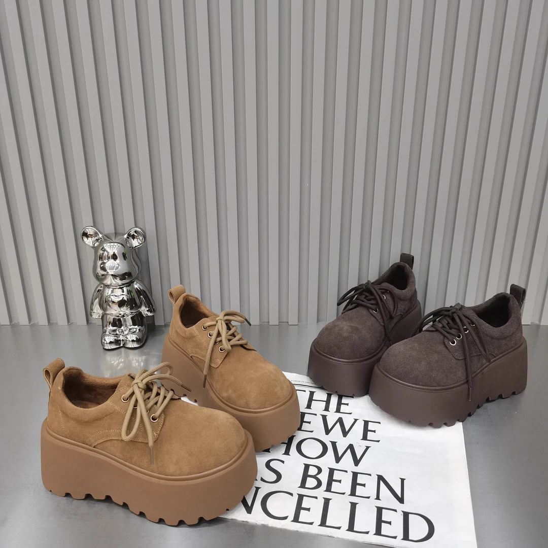 2024秋季新款磨砂皮英伦风系带深口小个子松糕鞋厚底增高乐福鞋女