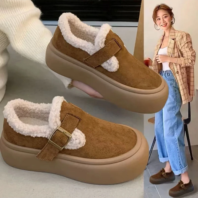 厚底乐福鞋女2024新款秋冬季加绒保暖棉鞋懒人一脚蹬勃肯鞋毛毛鞋