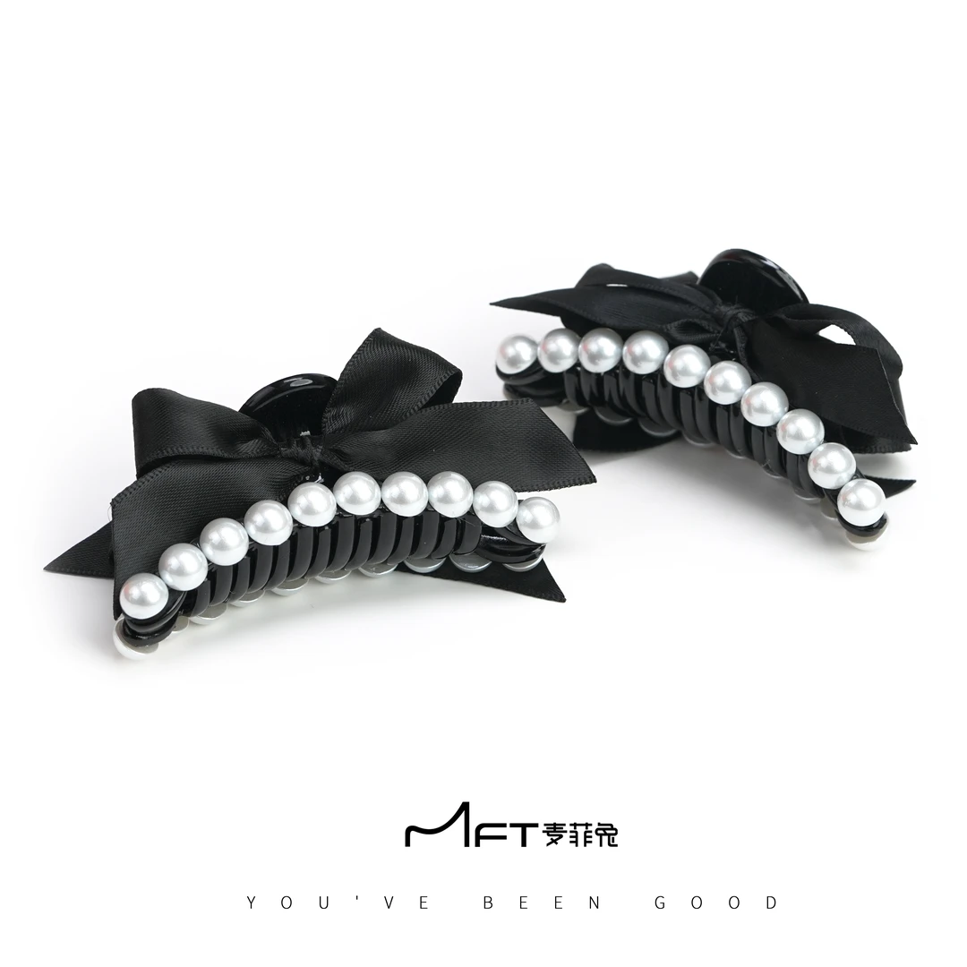 【墨白抓夹】黑色小香风蝴蝶结珠珠小抓夹法式复古24052228A