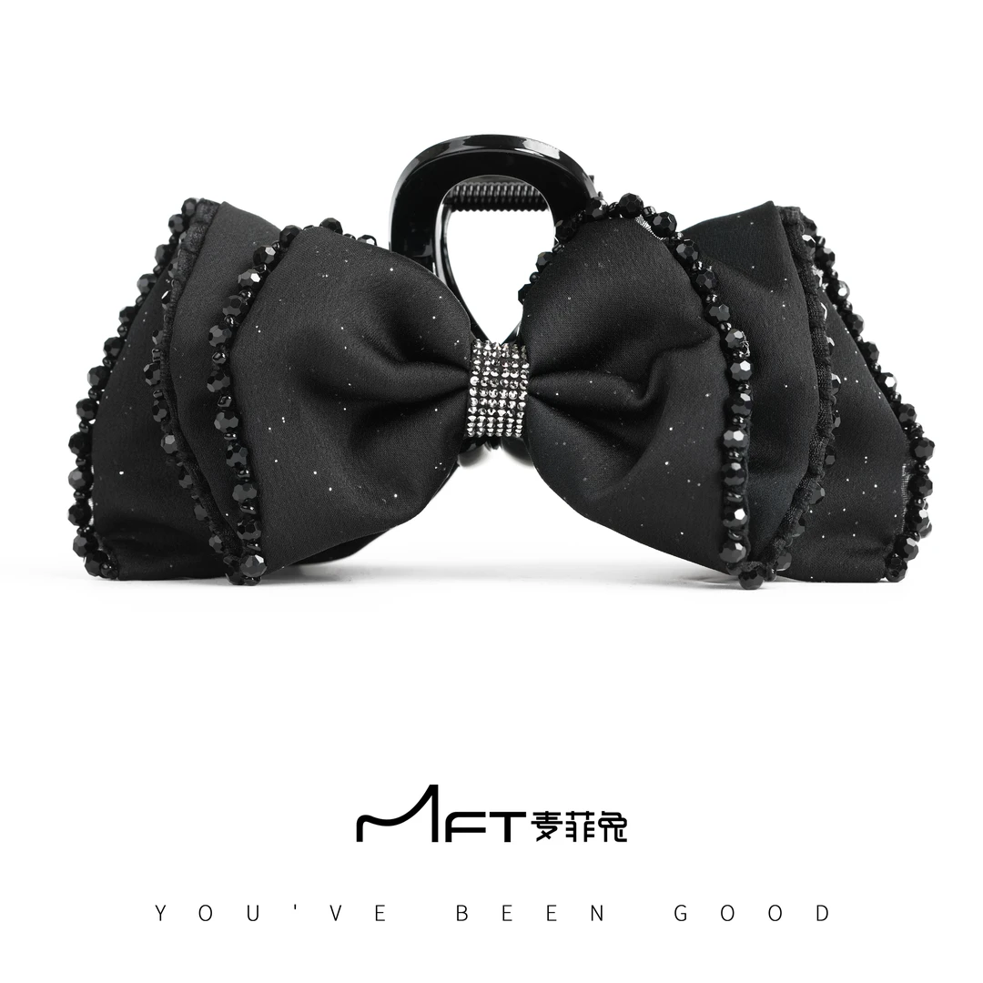 【芙澜沫抓夹】2024新款13厘米黑色蝴蝶结鲨鱼夹复古24090302A