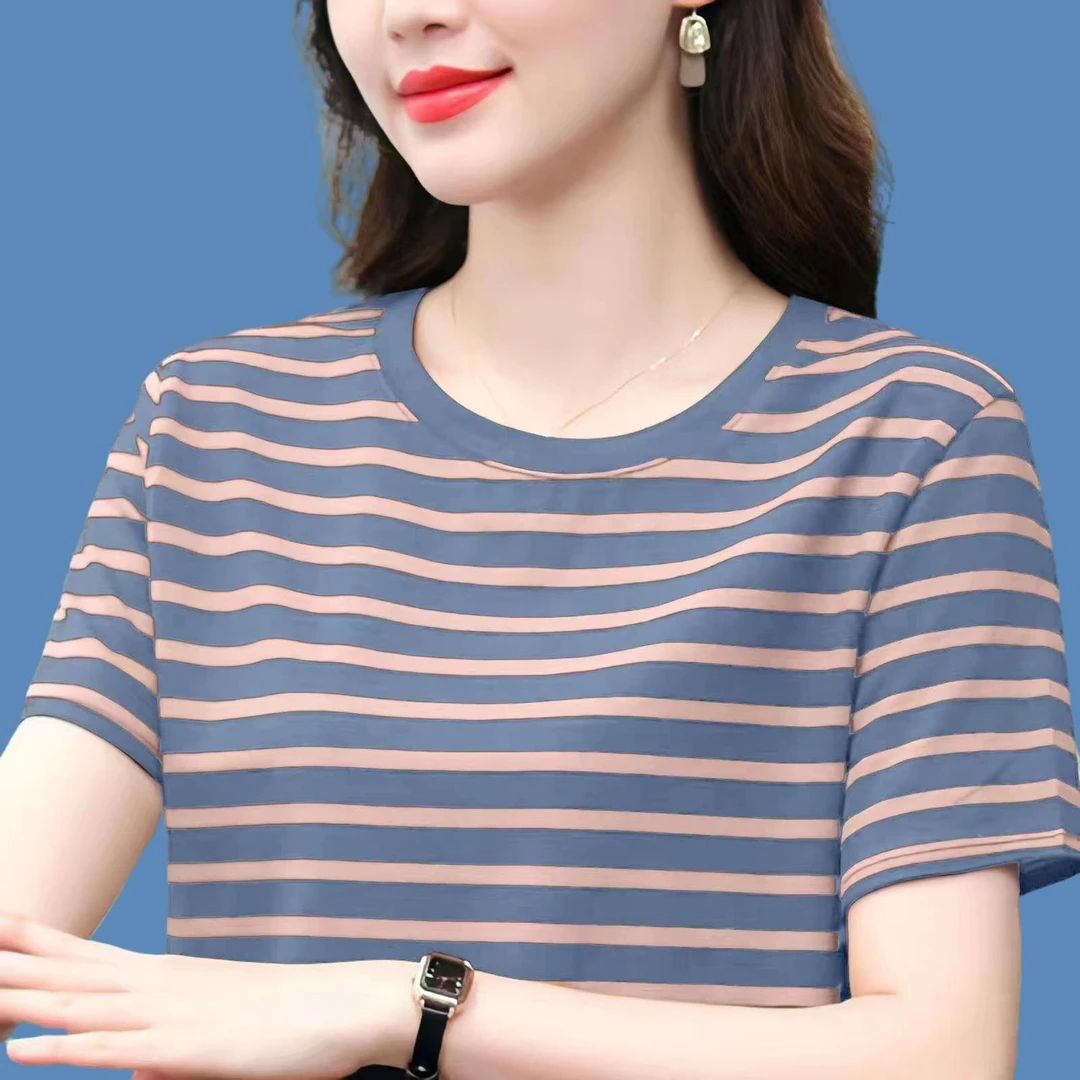 棉质短袖T恤女士大码宽松休闲条纹上衣服加大夏装新款显瘦体恤