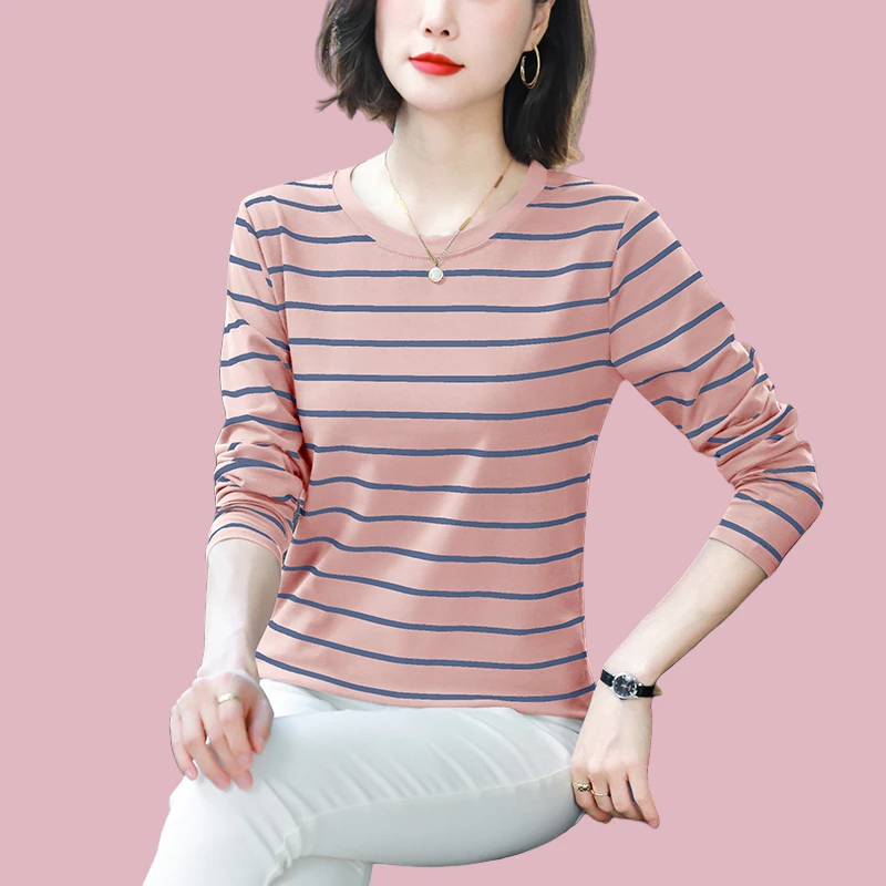 柔软长袖t恤女中年妈妈上衣秋季新款圆领宽松洋气条纹女士打底衫