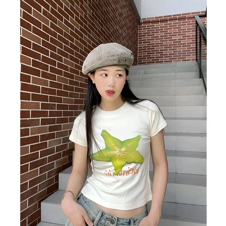 设计感夏日水果印花正肩T恤女夏季辣妹收腰修身显瘦短款短袖上衣