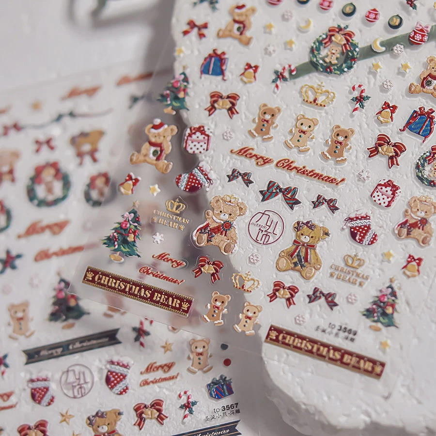 新款ins圣诞小熊美甲贴纸浮雕雪花姜饼圣诞树可爱蝴蝶结指甲贴纸