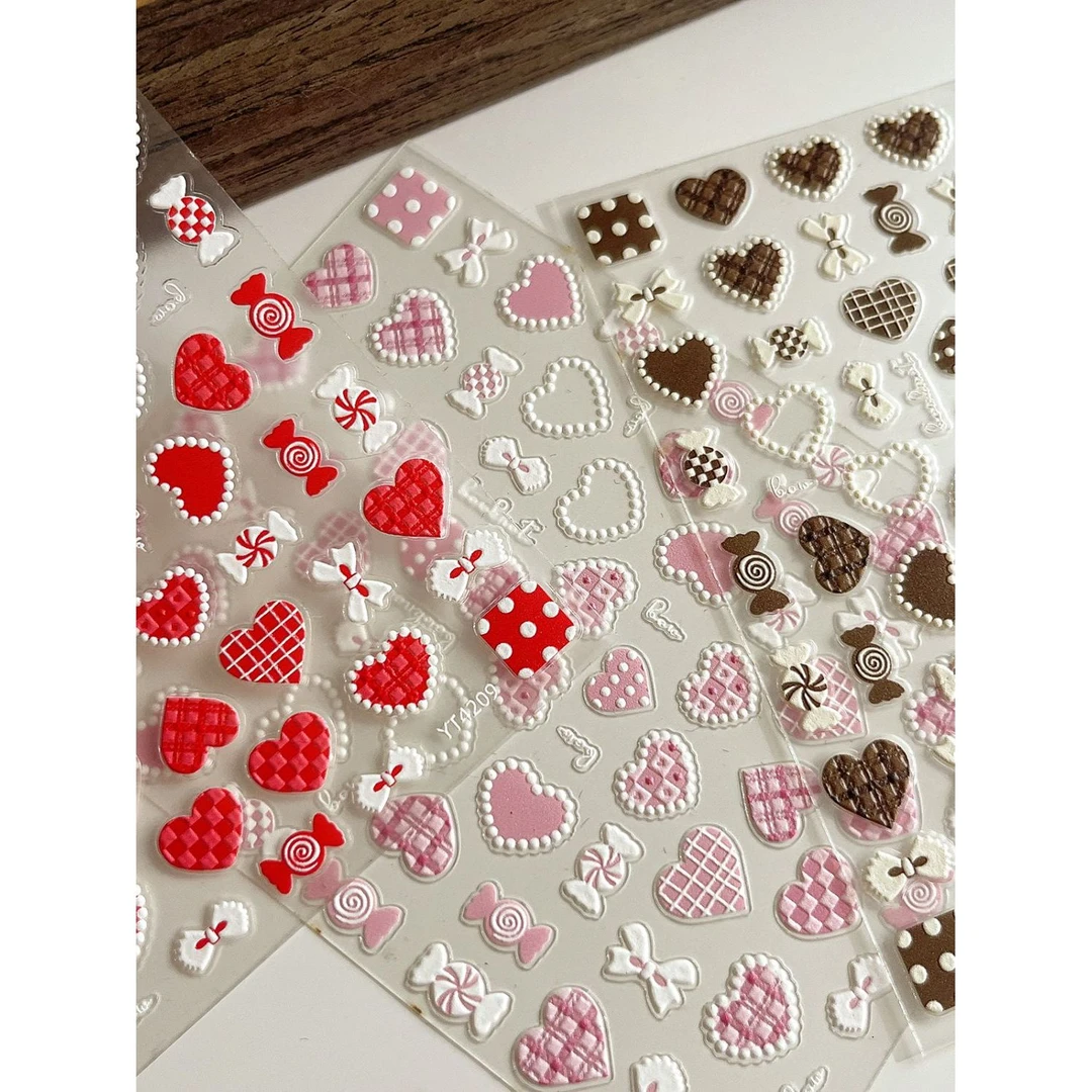 新款可爱红色甜美风粉色格子爱心3D立体浮雕美甲贴纸糖果蝴蝶结贴