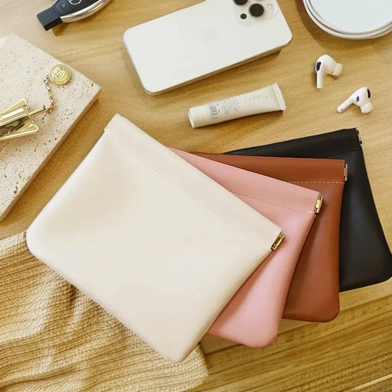 弹片化妆包收纳包家庭大容量迷你小包补妆包PU防水自动闭合小众