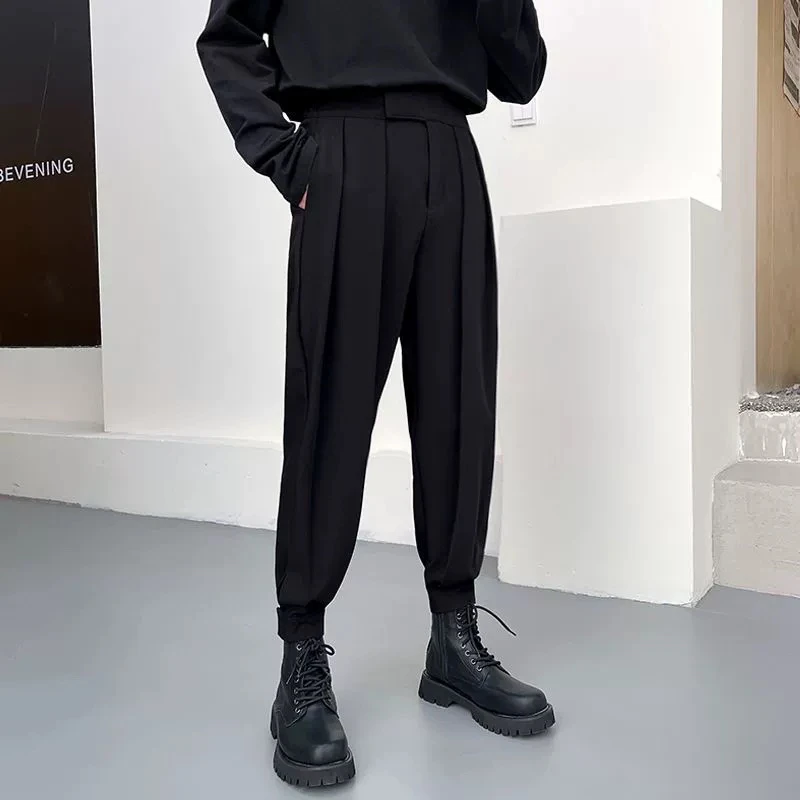 垂感切尔西马丁靴裤男秋冬痞帅潮流休闲加绒厚魔术贴束脚西装裤子