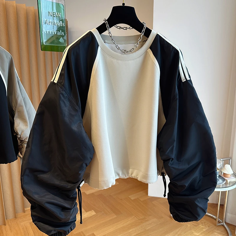 8336欧货高端大版宽松拼接撞色插肩袖卫衣女美式短款抽绳收腰上衣