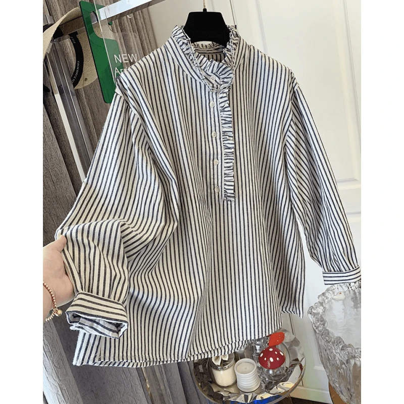 超好看复古文艺百搭花边条纹棉布麻衬衫上衣女2024秋季新款小个子