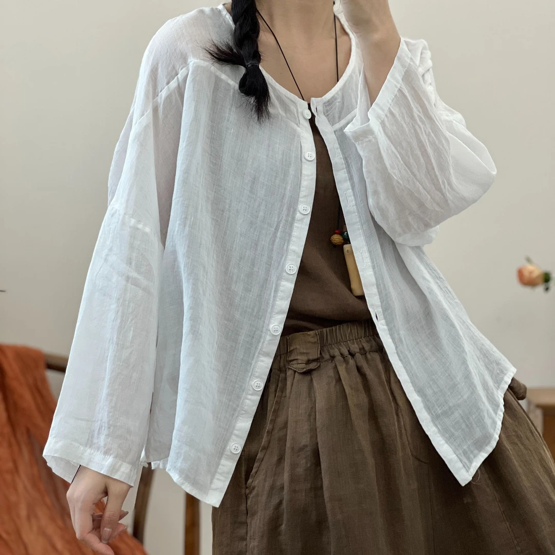 薄款原创休闲百搭单层苎麻纽扣防晒小衫纯色长袖夏季透气复古薄款