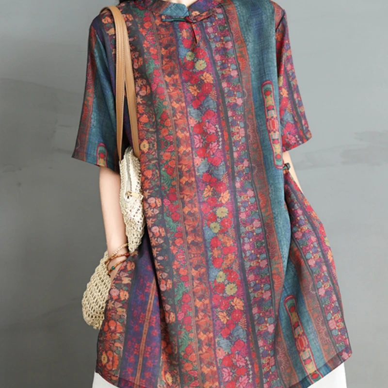 民族风复古印花衬衣气质女夏季2024新款中袖大码衬衫圆领上衣女