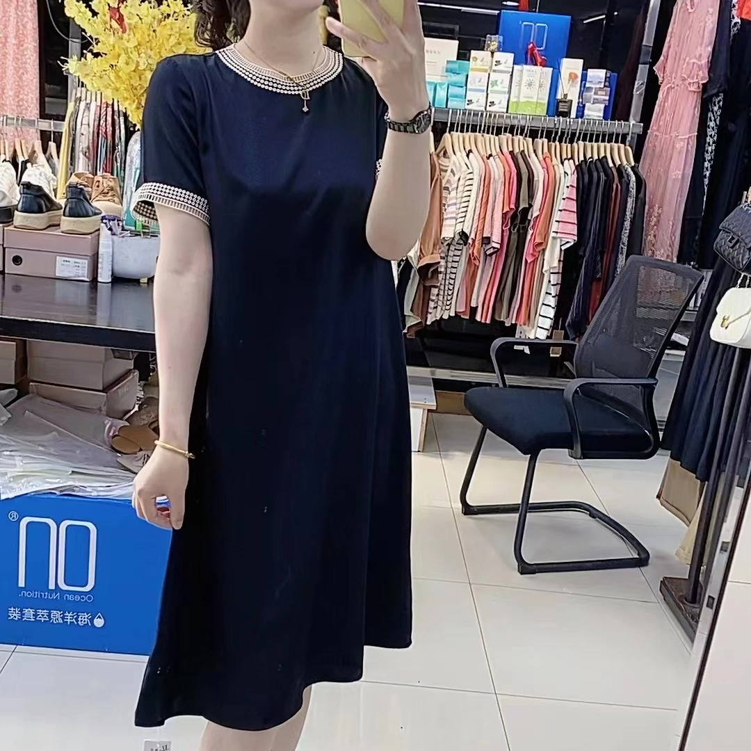 [秀客严选]23015款重磅桑蚕丝 领口袖口绣花气质显瘦连衣裙