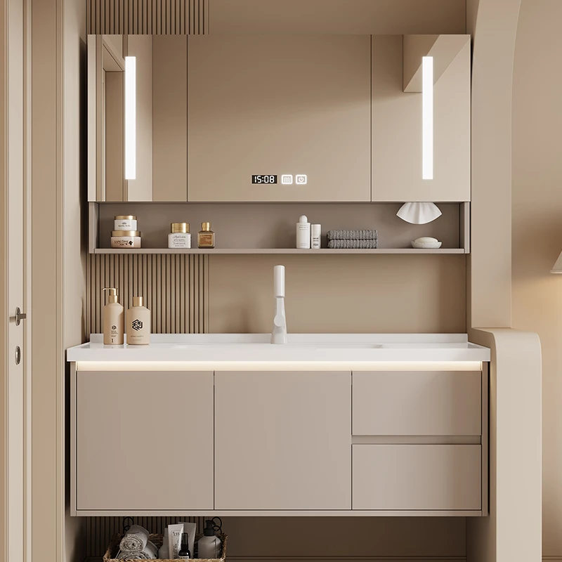 全幸家居实木窄体奶油风智能浴室柜40深度陶瓷一体盆浴室柜一体盆
