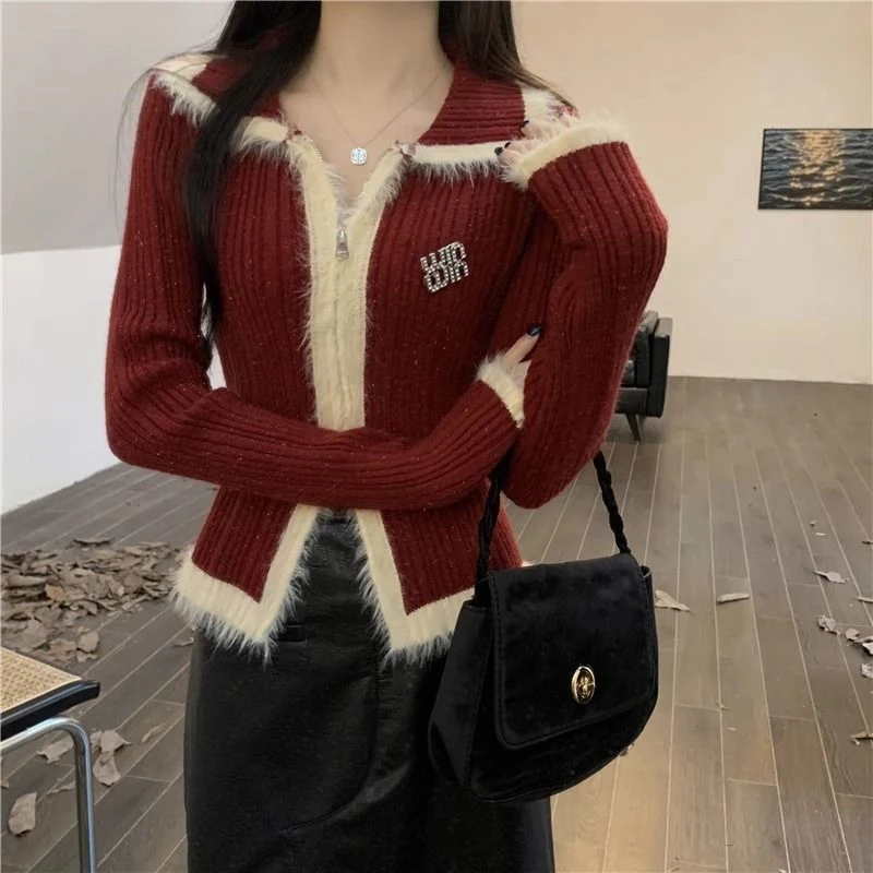 2023秋冬新款圣诞穿搭红色双拉链针织开衫女修身毛衣外套短款上衣