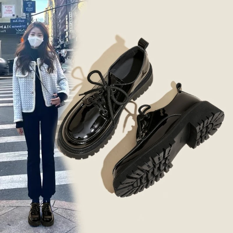 英伦风小皮鞋女2025年春季新款女鞋子百搭厚底乐福鞋女款黑色单鞋