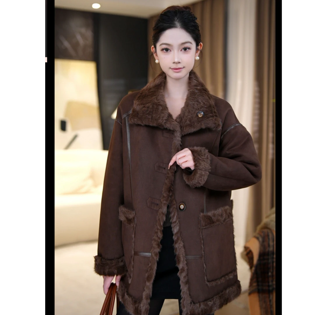 海宁新款冬季反绒面双面双穿休闲气质女士外套宽松时尚保暖秋冬