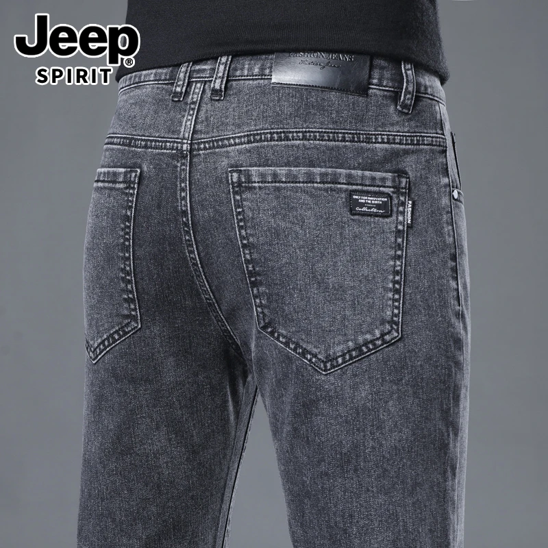 JEEPSPIRIT烟灰色牛仔裤男士修身直筒弹力休闲秋冬加绒裤子男款潮