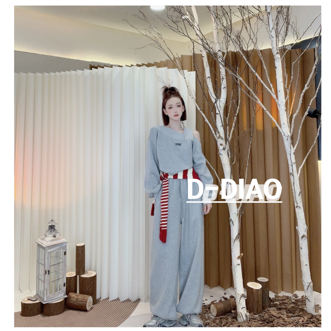 小奈【灰黑2色右边漏肩套装】短款抽绳漏肩上衣+松紧腰显瘦长裤