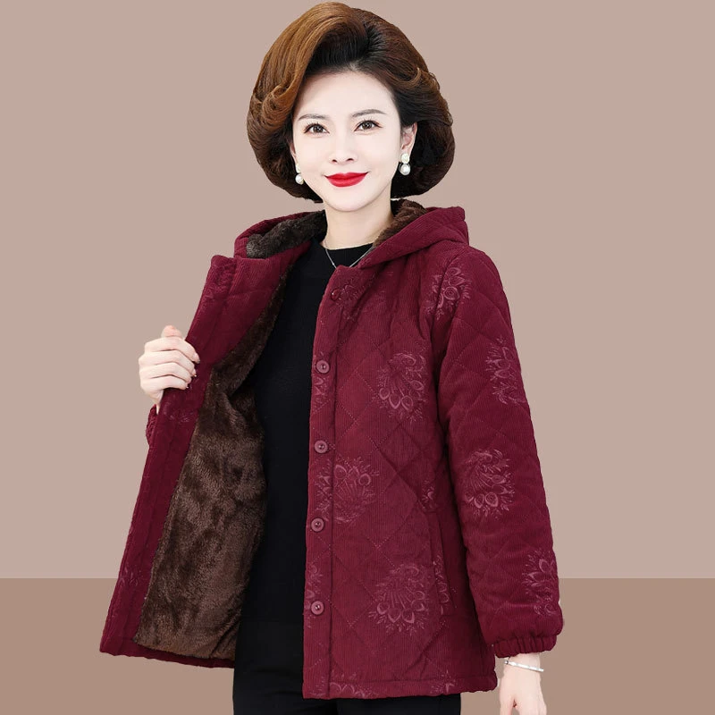 妈妈装灯芯绒外套女加绒加厚洋气连帽宽松压花棉衣中老年冬季棉服