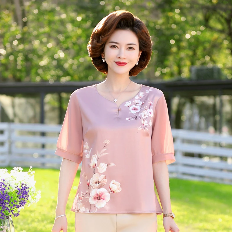 中老年女装夏装短袖T恤40岁50仿真丝半袖洋气小衫妈妈装夏季上衣
