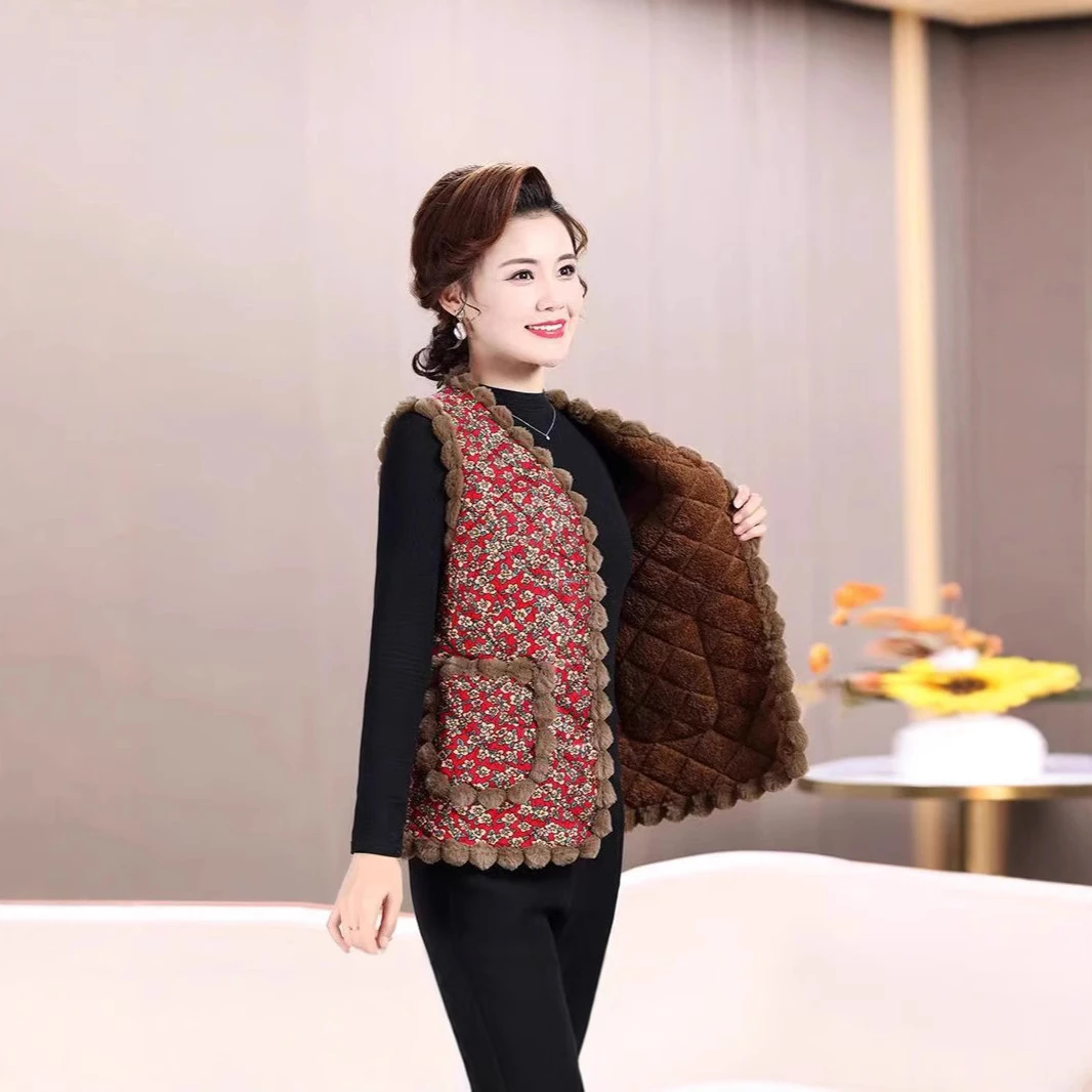加绒妈妈外套加厚坎肩背心马甲秋冬装碎花洋气马夹棉衣中老年女装