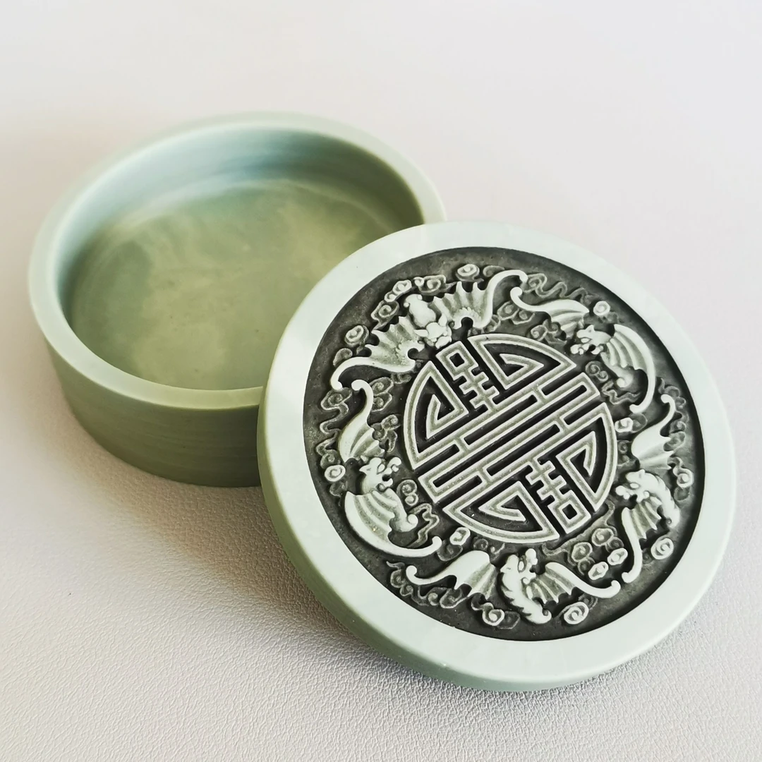 6cm五福捧寿松花石墨海砚台两件套