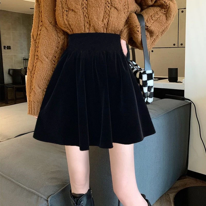 丝绒半身裙女显瘦百褶A字裙小个子短裙冬季胯大腿粗百搭大码ins