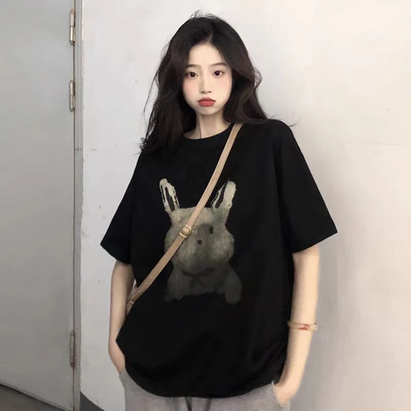 美式兔子印花t恤女夏季新款打底衫内搭外穿小个子宽松百搭上衣服