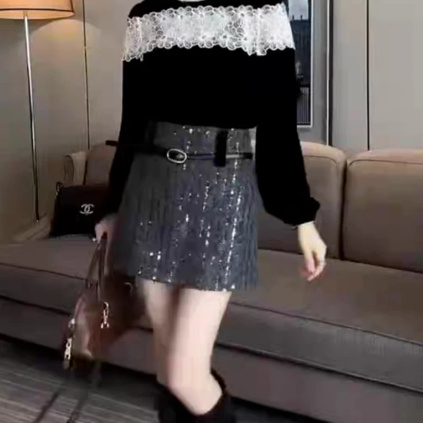 【曦姐6789】秋冬新款重工法式复古亮片毛呢裙半身裙百搭洋气高腰
