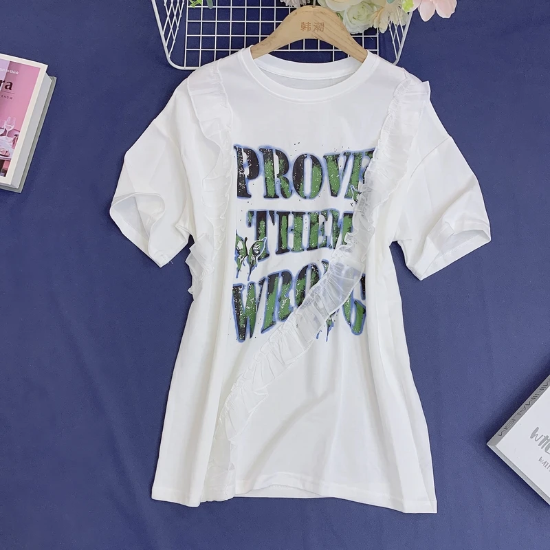 8975蓝莓2024夏季新款洋气炸街百搭字母印花拼接网纱设计感短袖