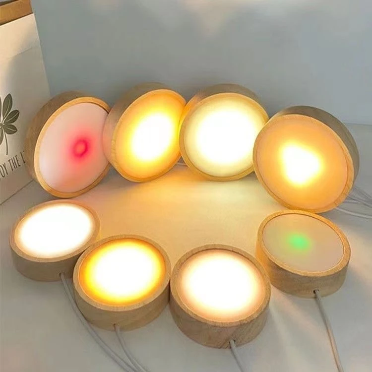 扩散圆形LED实木发光底座小夜灯无线ledDIY灯座diy灯光充电防水