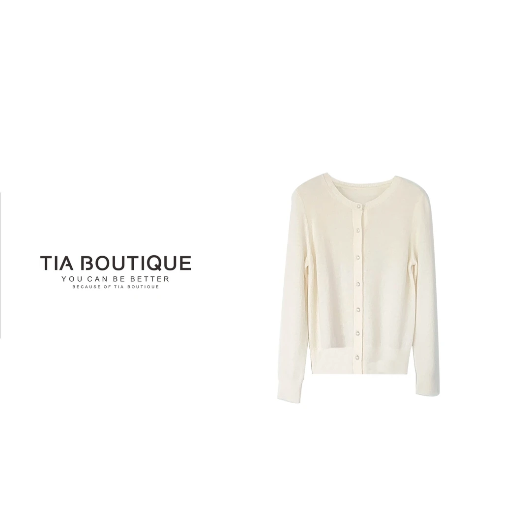 【茉莉】极简法式温柔山羊绒软糯珍珠钻扣针织开衫 WT0031