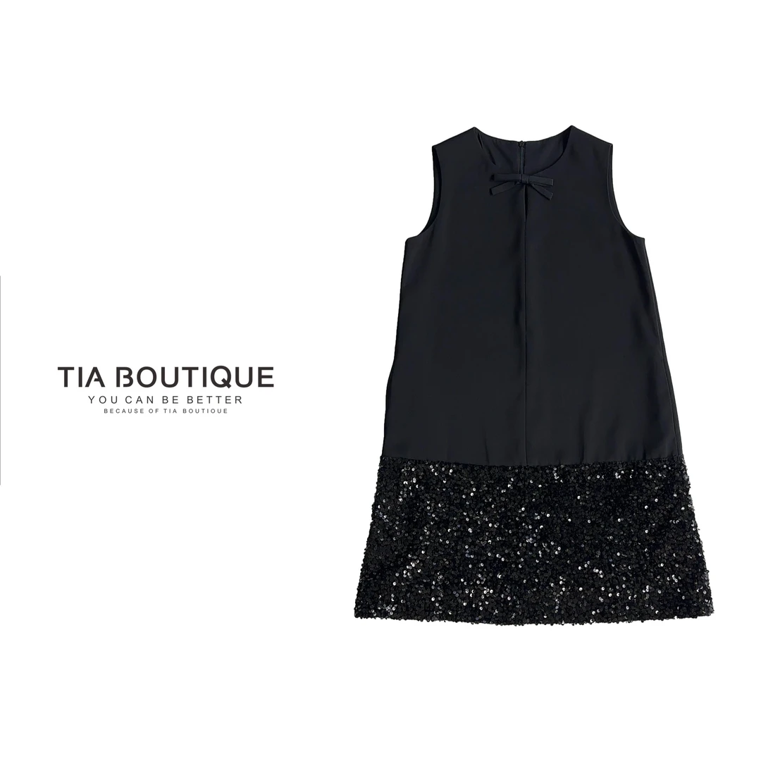 【小野丽莎】静奢风极简亲肤闪闪亮片拼接无袖连衣裙 QZ0011