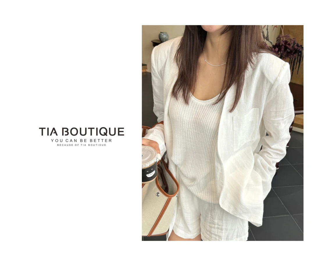 【亚麻微甜】无领设计绑带亚麻西装0258